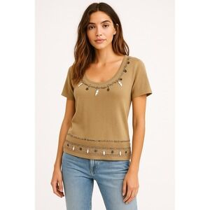 A.D. Originals L Beige/ Brown Scoop Neck Beaded‎ Knit Top Short Sleeve